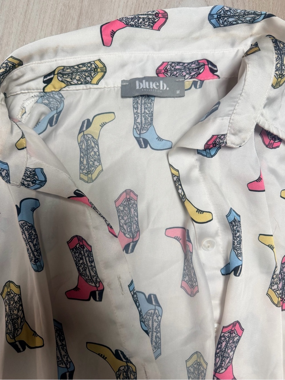 blue.b White Blouse with Pink, Blue & Yellow Boot Print